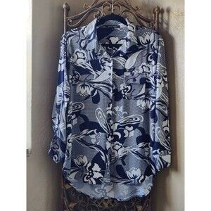 Lynn Ryan Womans Navy/white Floral Soft‎ Long Sleeve Tie Cuffs Button Top Size L